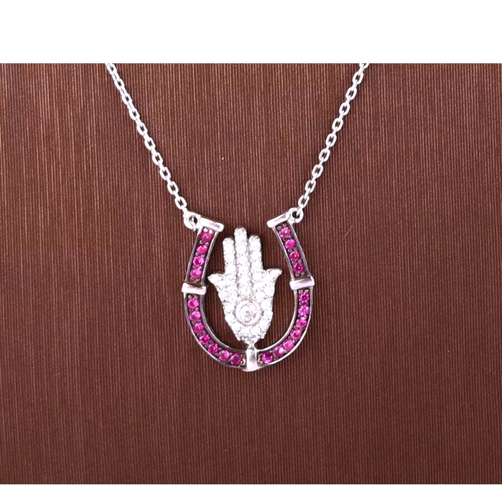 Ruby Lucky Horseshoe & Topaz Hamsa Necklace 18